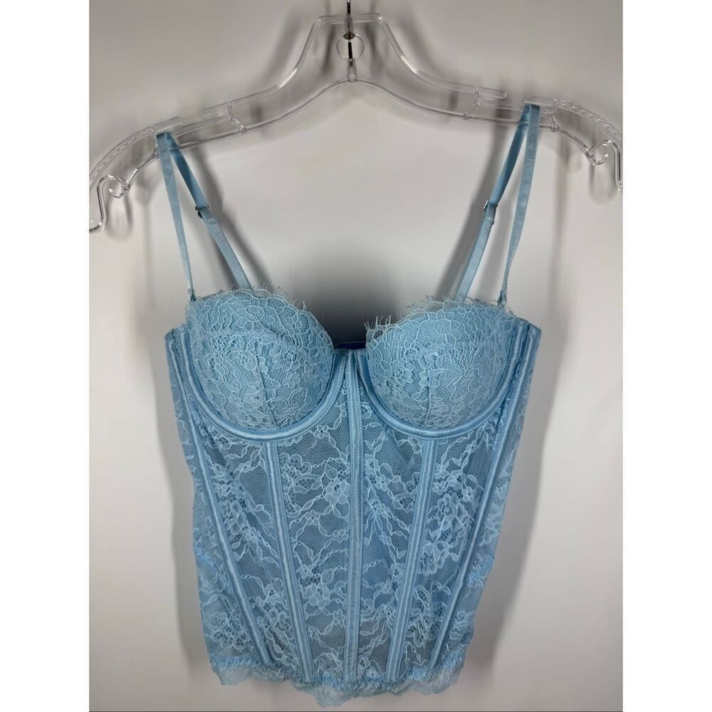 Victoria’s Secret Lace Bustier Corset And Panty Set Baby Blue Size Small/B Cup
